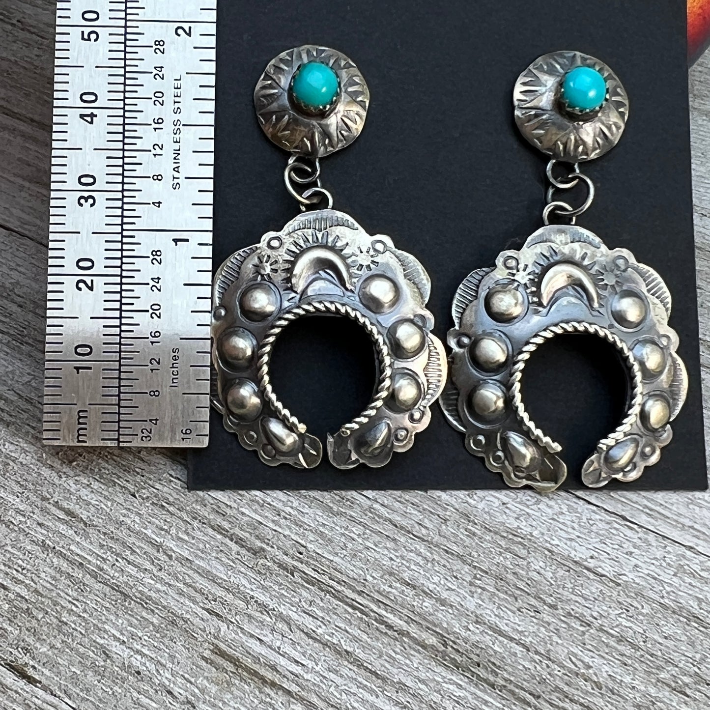 Sterling silver Turquoise Hand stamped naja concho earrings, Navajo Gabrielle Yazzie 4