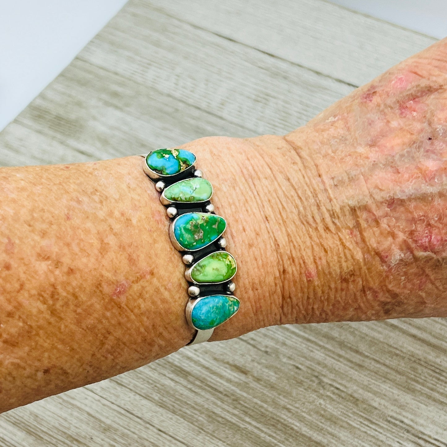 6 1/8" Sonoran polychrome Turquoise cuff bracelet sterling silver Darrell Morgan BR28