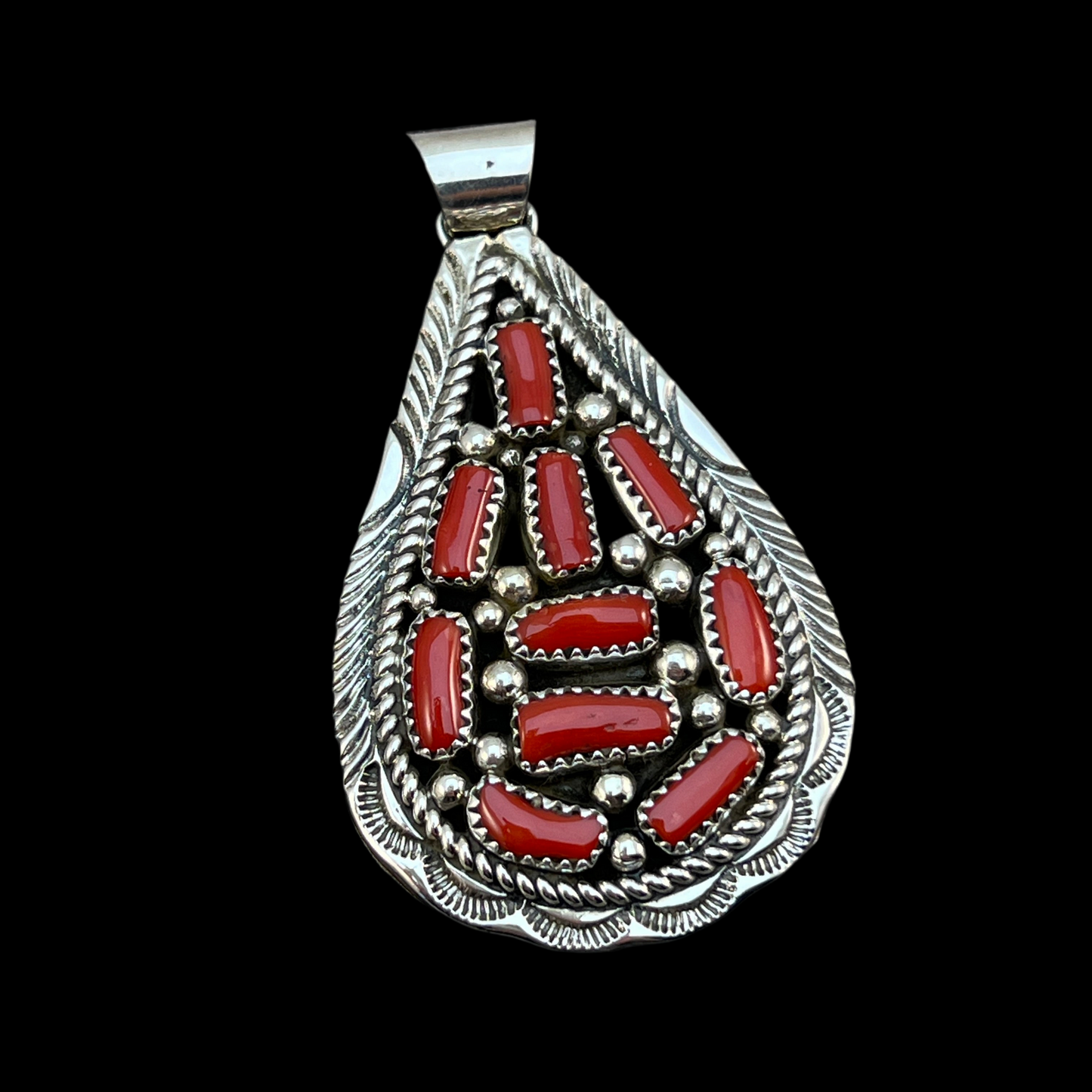 Mediterranean Red Coral Cluster Pendant Navajo handmade Marlene Jones Sterling Silver 1