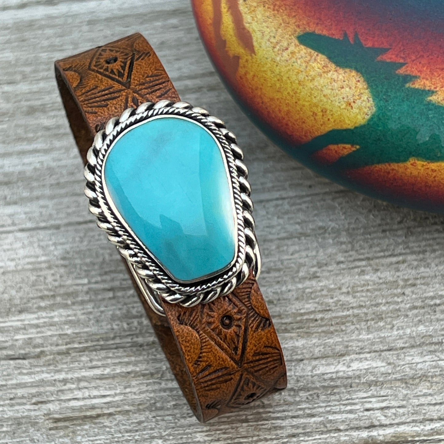 Real Turquoise leather Sterling silver bracelet adjustable Navajo Mike Smith Size 6.25, 7