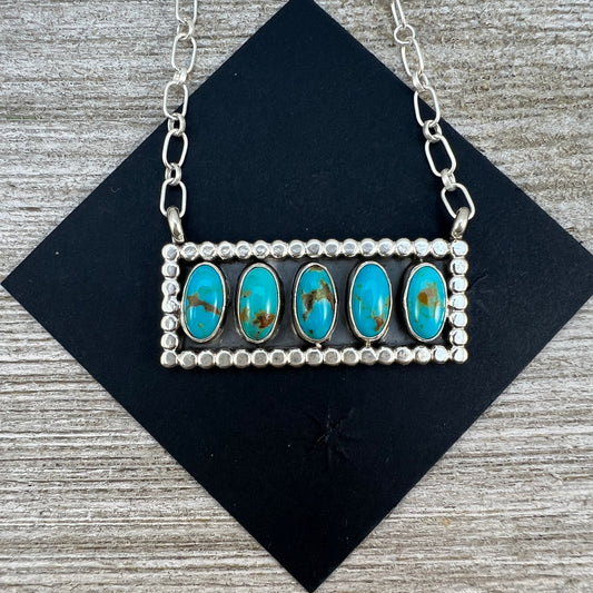 18" Blue Campitos turquoise rectangle bar necklace #3, Navajo handmade, sterling silver