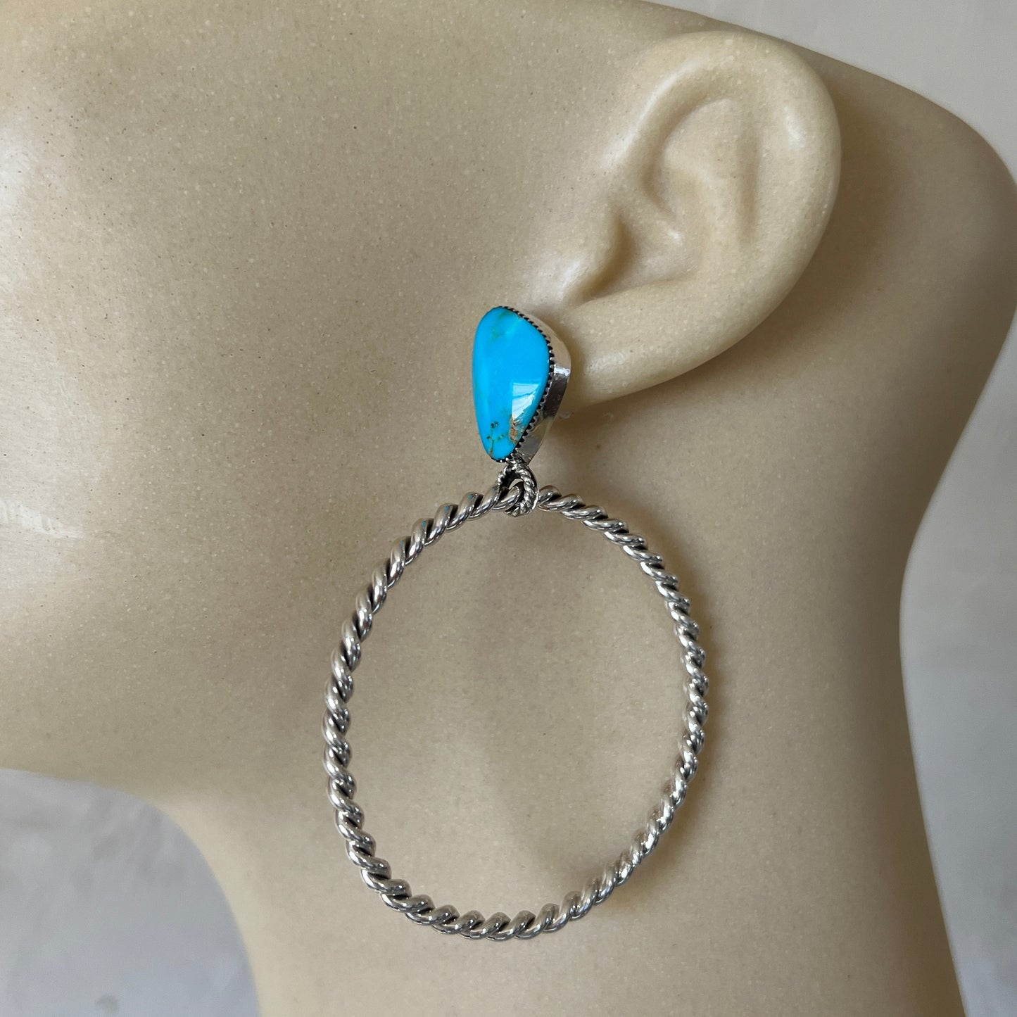 Blue Kingman turquoise hoop earrings, Navajo handmade, Jerome Lee #2, sterling silver post stud