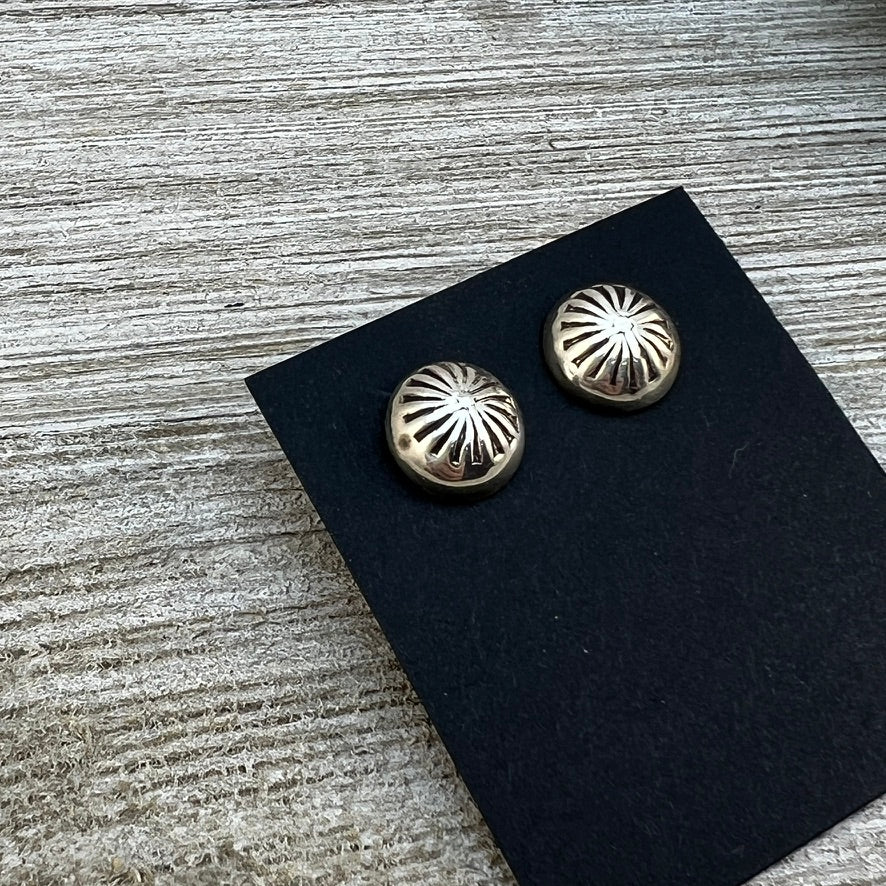 Small round concho button stud earrings, Navajo handmade sterling silver, Gloria Harvey