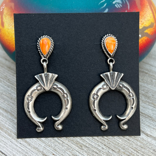 Orange Spiny Oyster Shell dangle Naja earrings sterling silver Navajo Adrienne Gordon 4