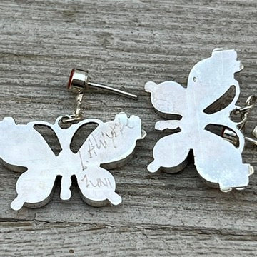 Zuni inlay Butterfly dangle earrings, sterling silver, handmade by Leavus Ahiyite, signed