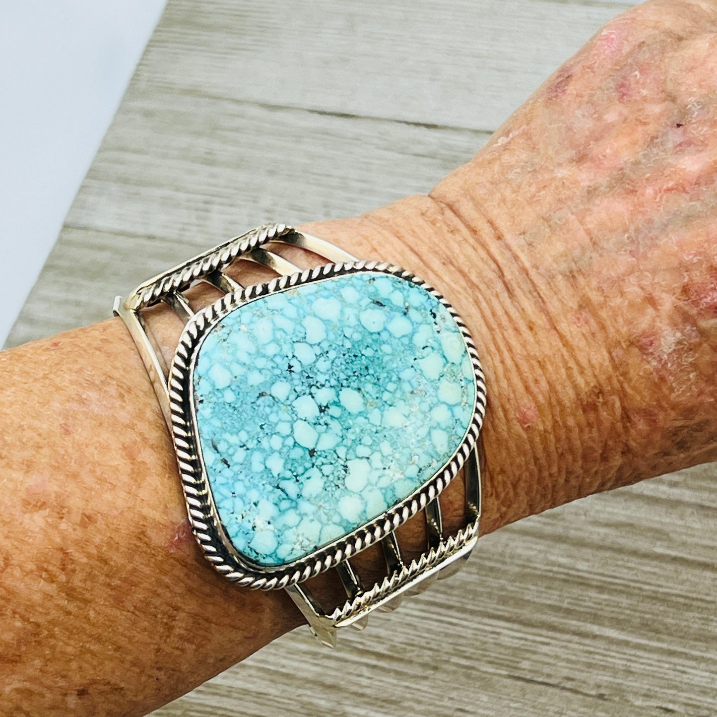 7" large Fox Turquoise Waterweb light blue Sterling Silver Melvin Jones BR34