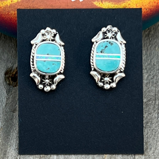 Modern Turquoise Opal inlay Stud Earrings Sterling Silver James Manygoats Navajo 669