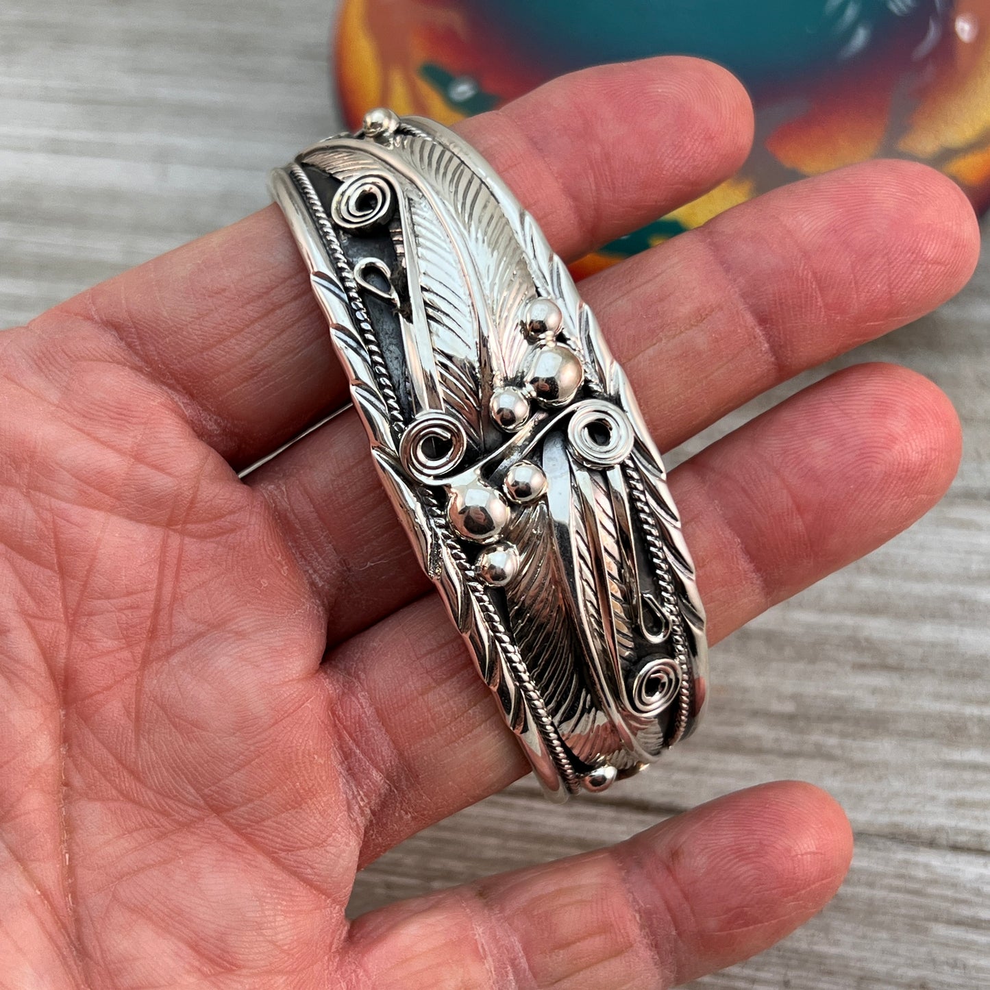 7" Sterling Silver Floral leaves Cuff bracelet, Navajo handmade Davey Morgan signed