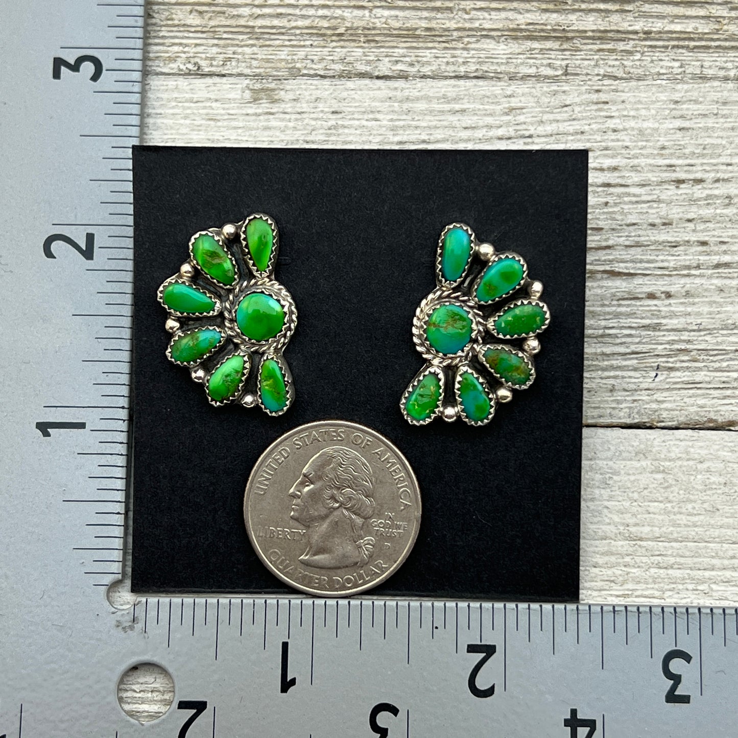 Bright Green Sonoran Gold turquoise Half Cluster earrings Justina Wilson Navajo 878
