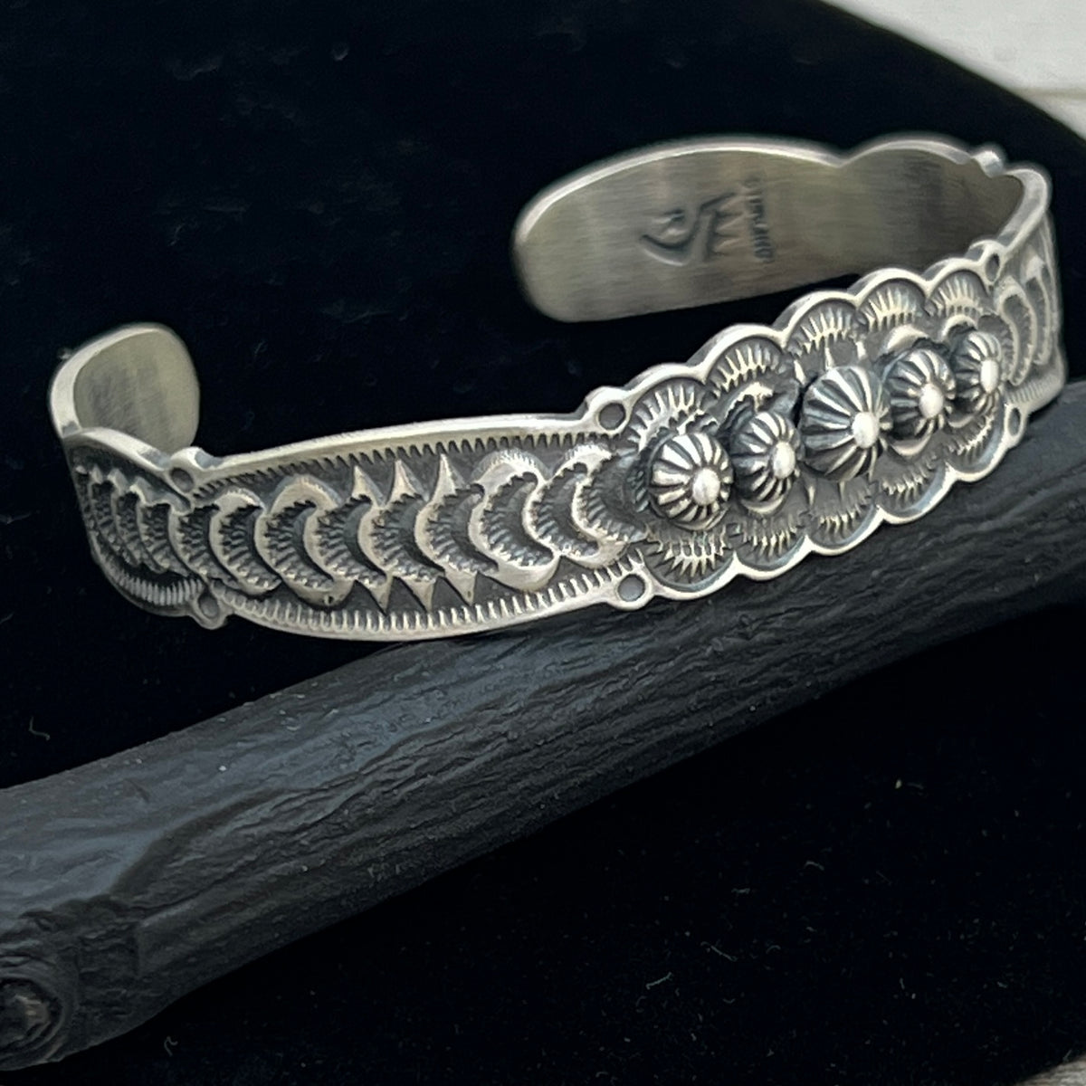 6 1/4" Stamped Navajo sterling silver cuff bracelet buttons signed Benny Ramone BR59