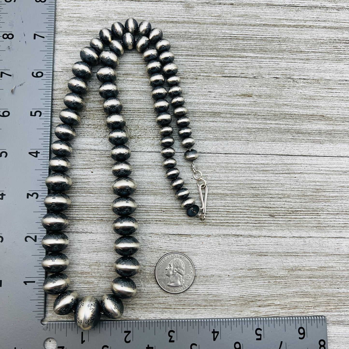 24" Sterling silver Handmade Navajo Pearl Graduated stamped bead necklace Bryannen Halwood signed