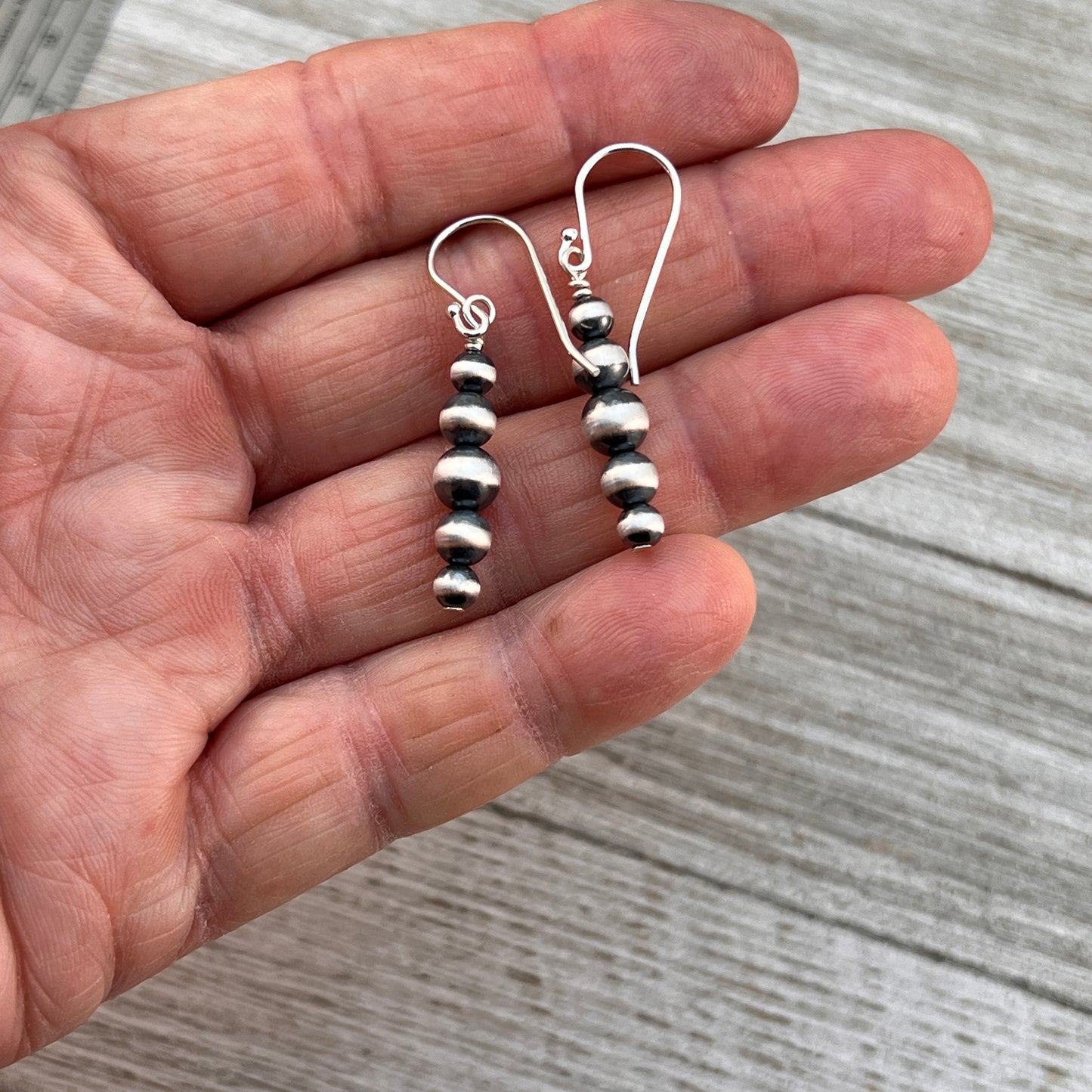 Graduated Sterling Silver Oxidized Pearl Earrings, Southwest Silver beads, Western 4mm 5mm 6mm