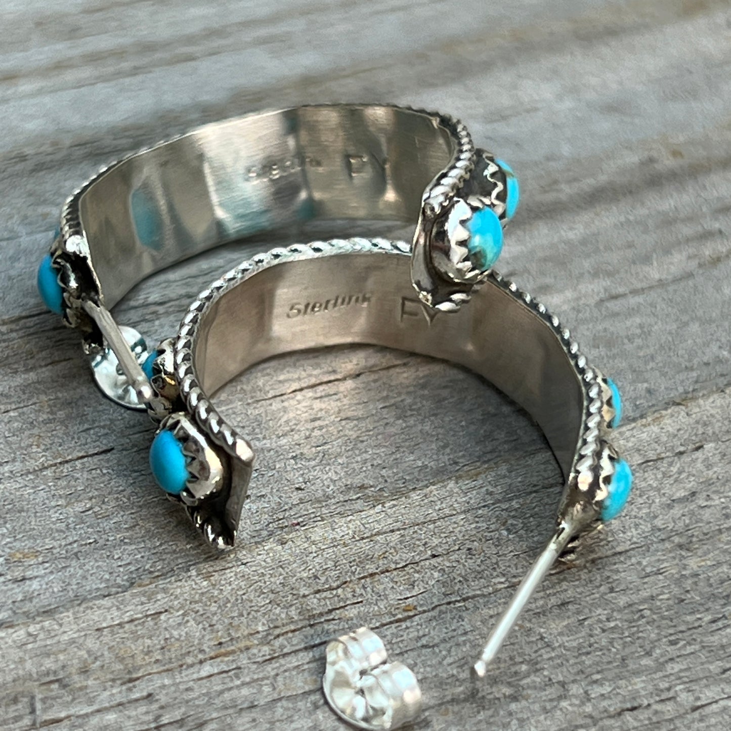 Turquoise snake eye dot 1" hoop earrings sterling silver Falencia Yazzie Navajo 711