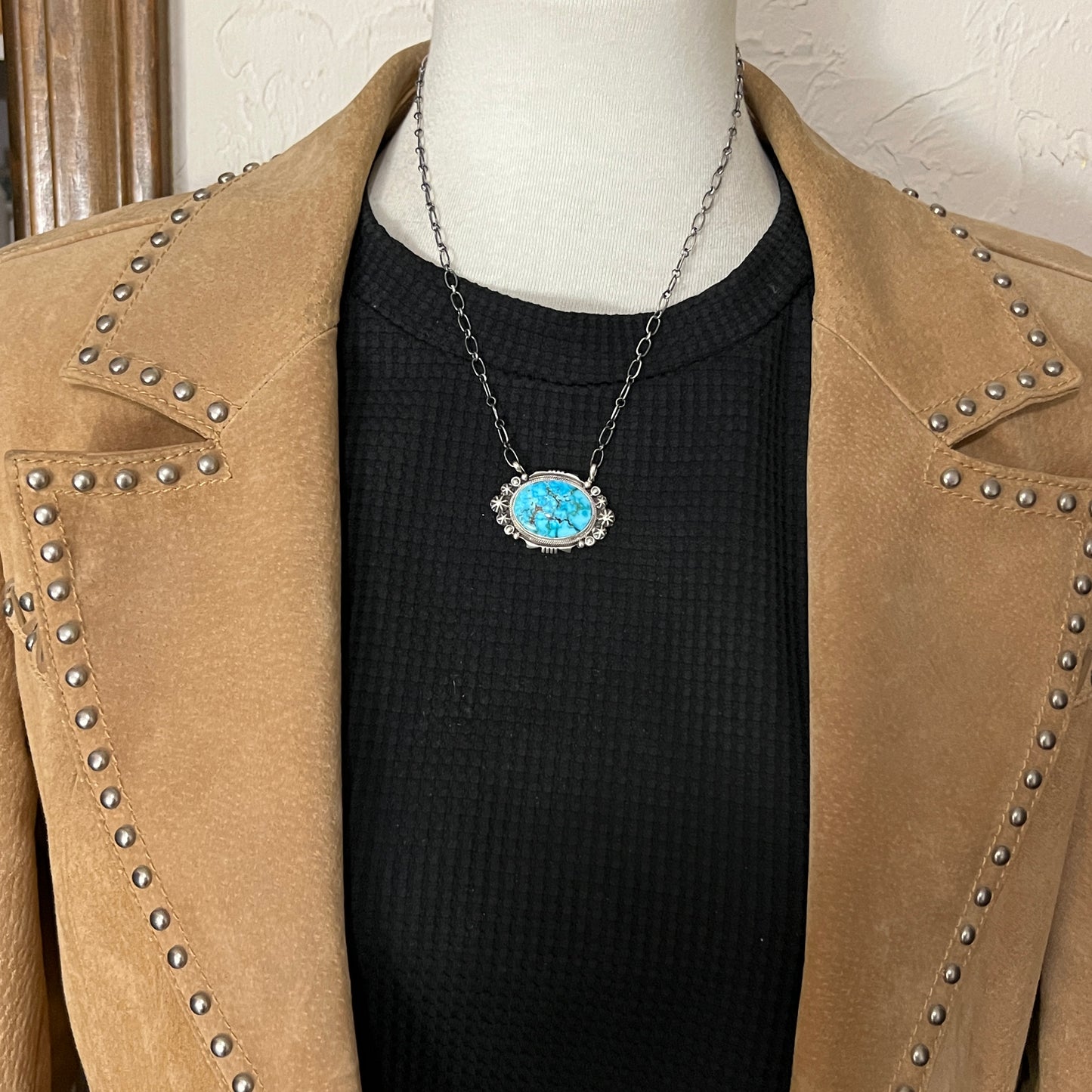 18" Kingman Spiderweb Turquoise Necklace Sterling silver Navajo Daniel Benally 610