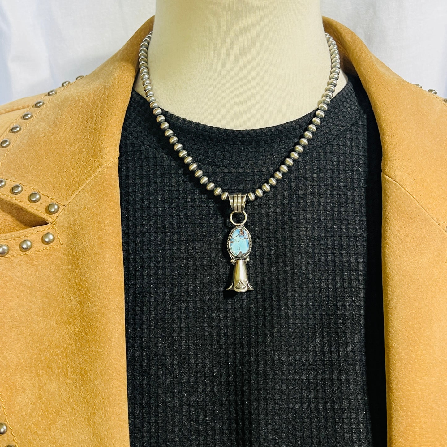 16" Golden Hills Turquoise Squash Blossom Necklace Sharon McCarthy Sterling silver NK8