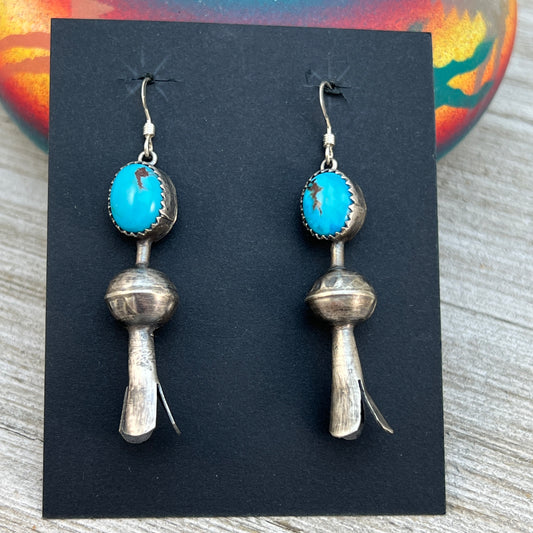 Squash Blossom Earrings Turquoise Sterling Silver oxidized rustic finish, Emily Tsosie