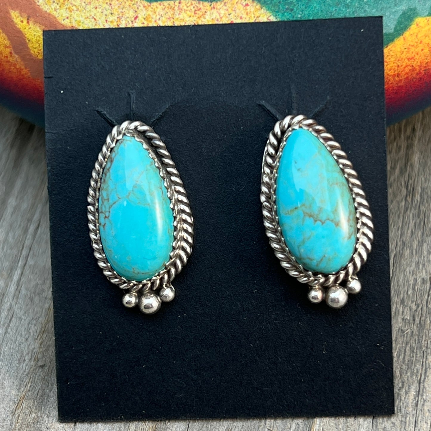 Blue Kingman Turquoise Teardrop stud earrings sterling silver Theresa Smith Navajo 717