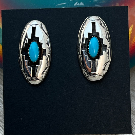 oval concho shadowbox post stud earrings, sterling silver turquoise Felix Perry
