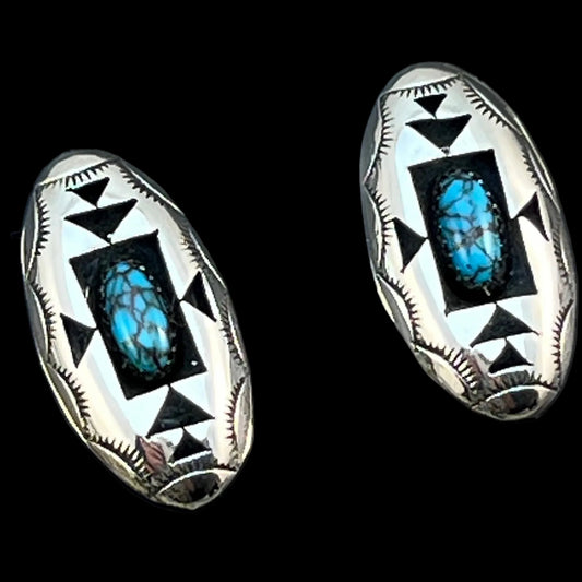oval concho shadowbox post stud earrings, sterling silver turquoise Felix Perry 834