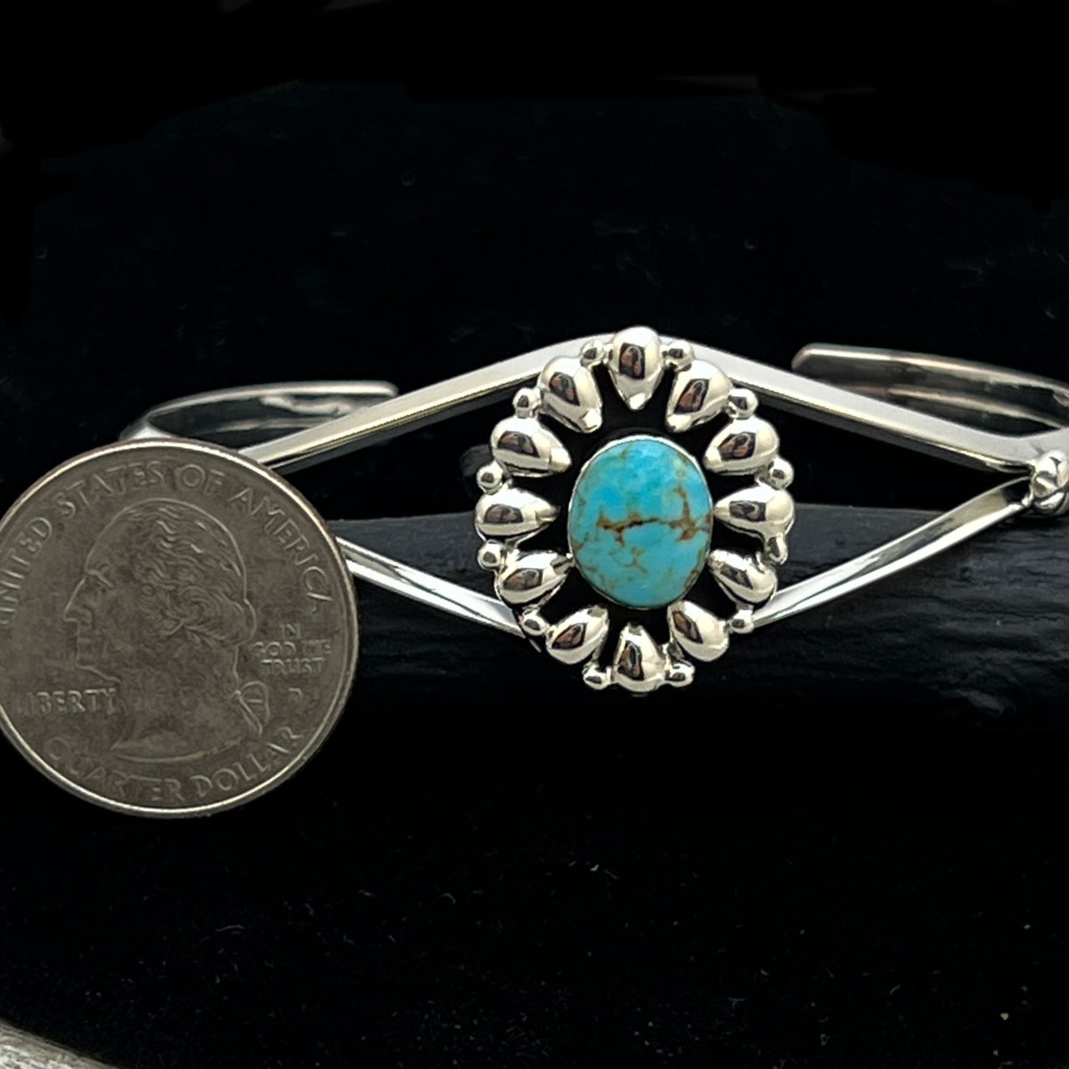 6 1/2" Stamped Navajo sterling silver turquoise cuff bracelet BR61
