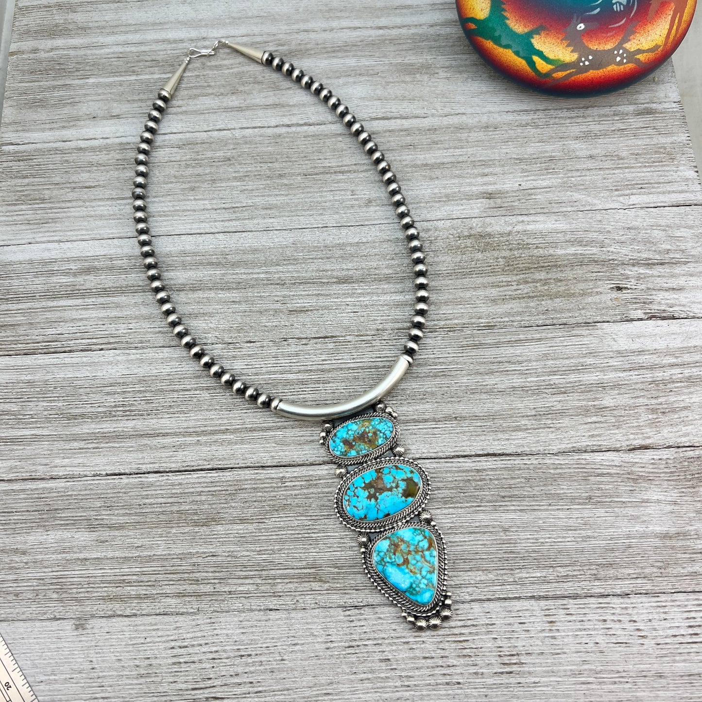 Kingman Turquoise 18" necklace #2, 6mm Sterling silver oxidized beads, Southwest pearls, Navajo, TOM LEWIS