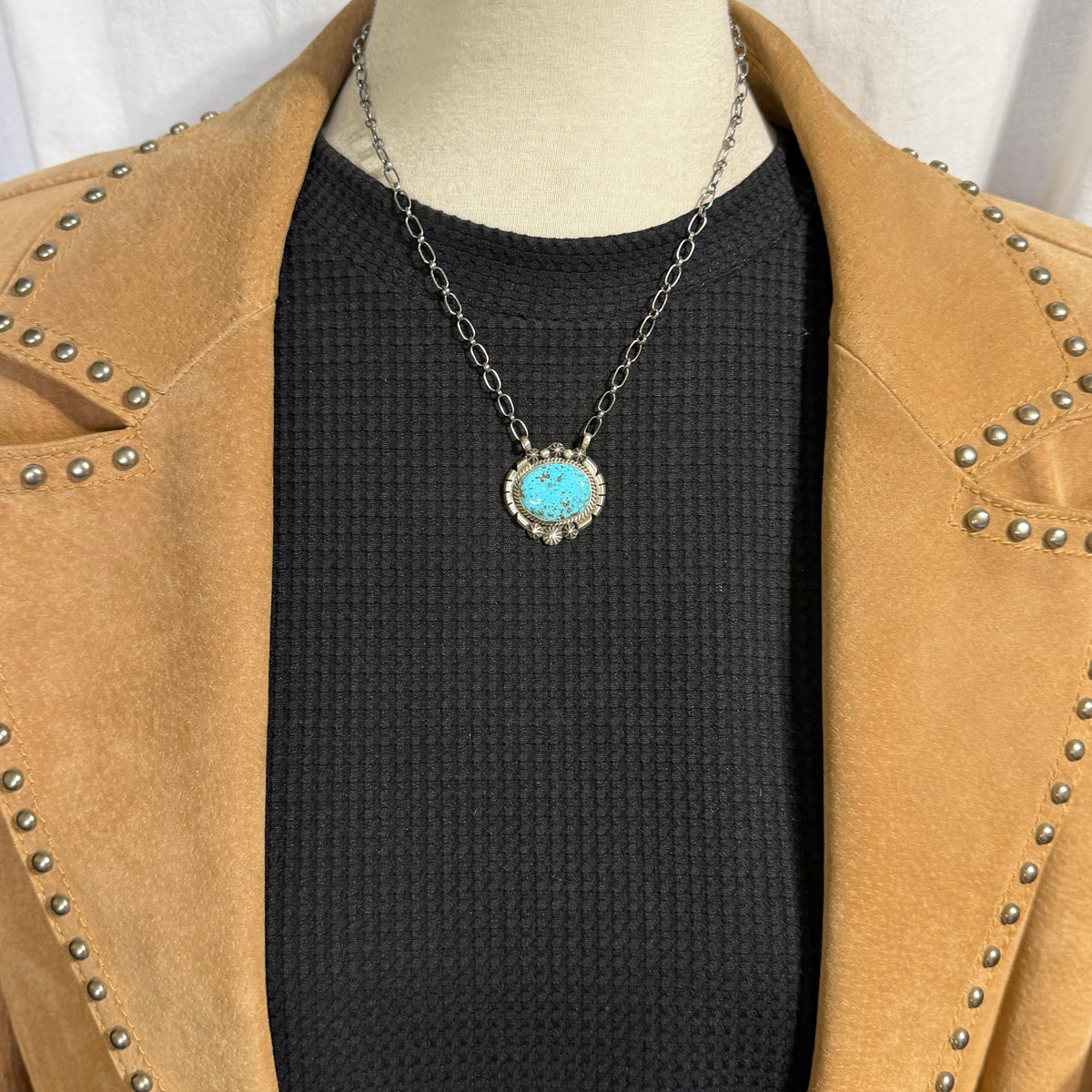 Light Blue Kingman turquoise station necklace Sterling Silver Navajo Samuel Yellowhair NK41