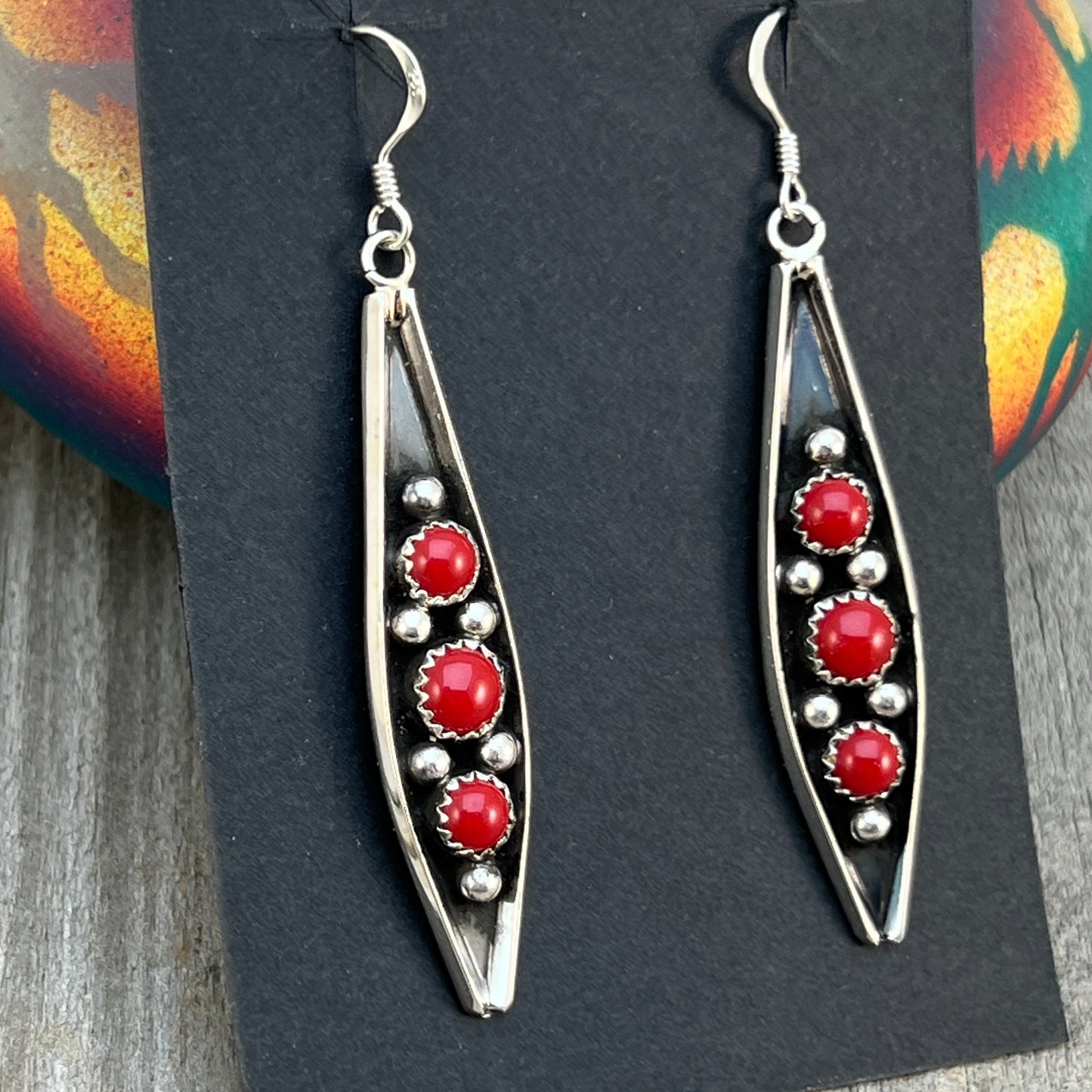 Long slender Red Coral Earrings Navajo handmade by Paul Largo sterling silver 662