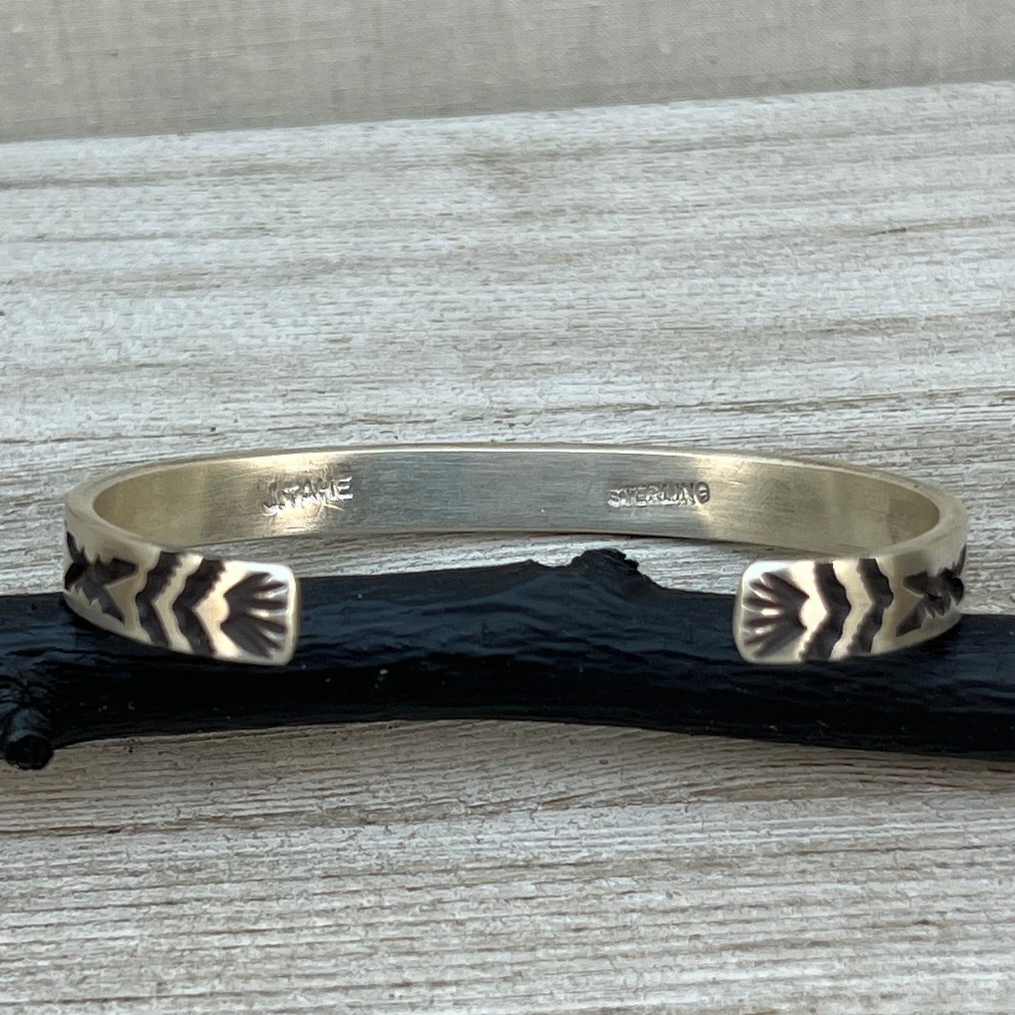 7.25" Sterling silver narrow deep stamped Cuff Bracelet Navajo Jerrold Tahe men's boho