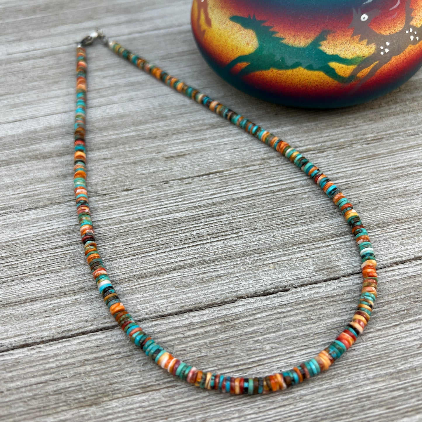 17", 4mm heishi necklace choker, turquoise red orange spiny oyster shell boho necklace