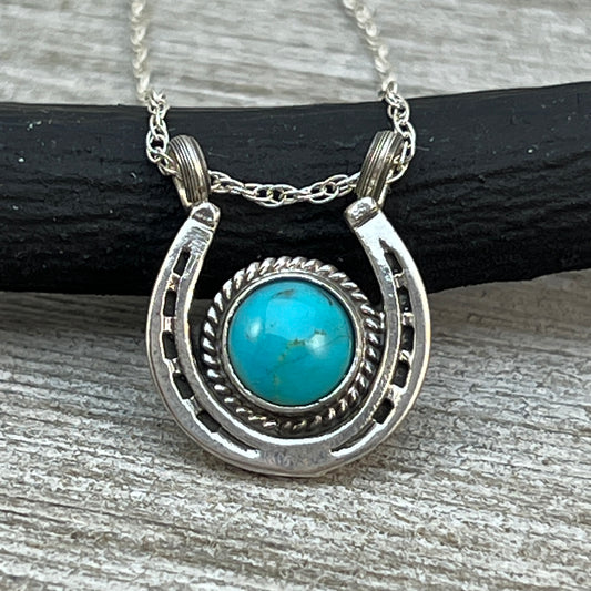 18" Sterling Silver Turquoise Horseshoe Necklace Cowgirl Rodeo Jewelry Annette Chiquito