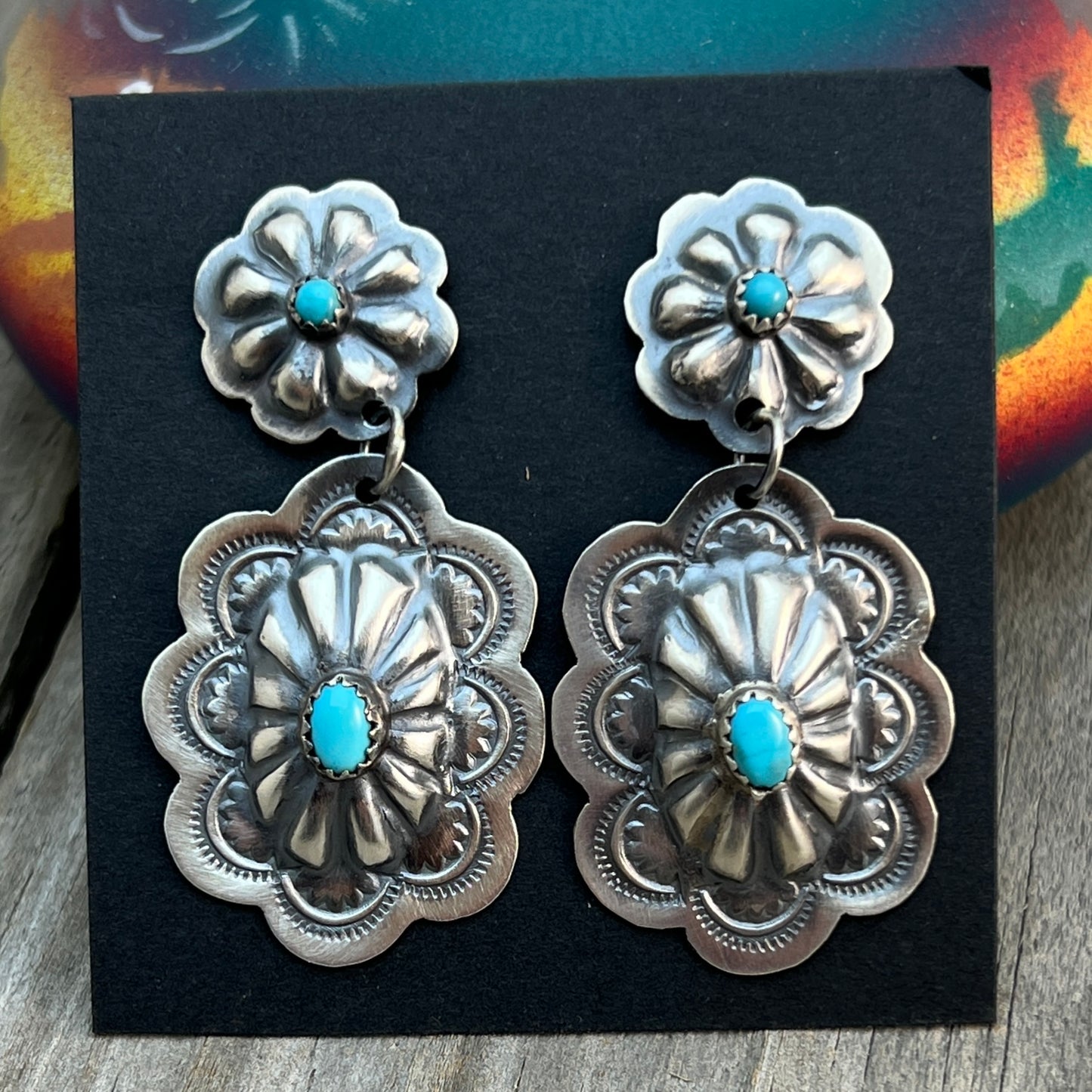 Turquoise stamped concho dangle earrings sterling silver Lavina Benally Navajo 715