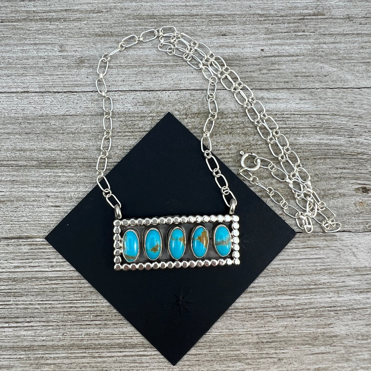 18" Blue Campitos turquoise rectangle bar necklace #2, Navajo handmade, sterling silver