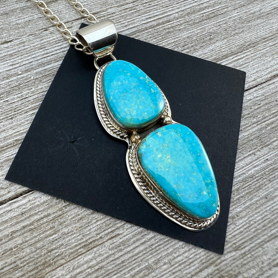 Blue Kingman Turquoise Pendant, Sterling silver, 18” chain necklace, Native American handmade Lyle Piaso,