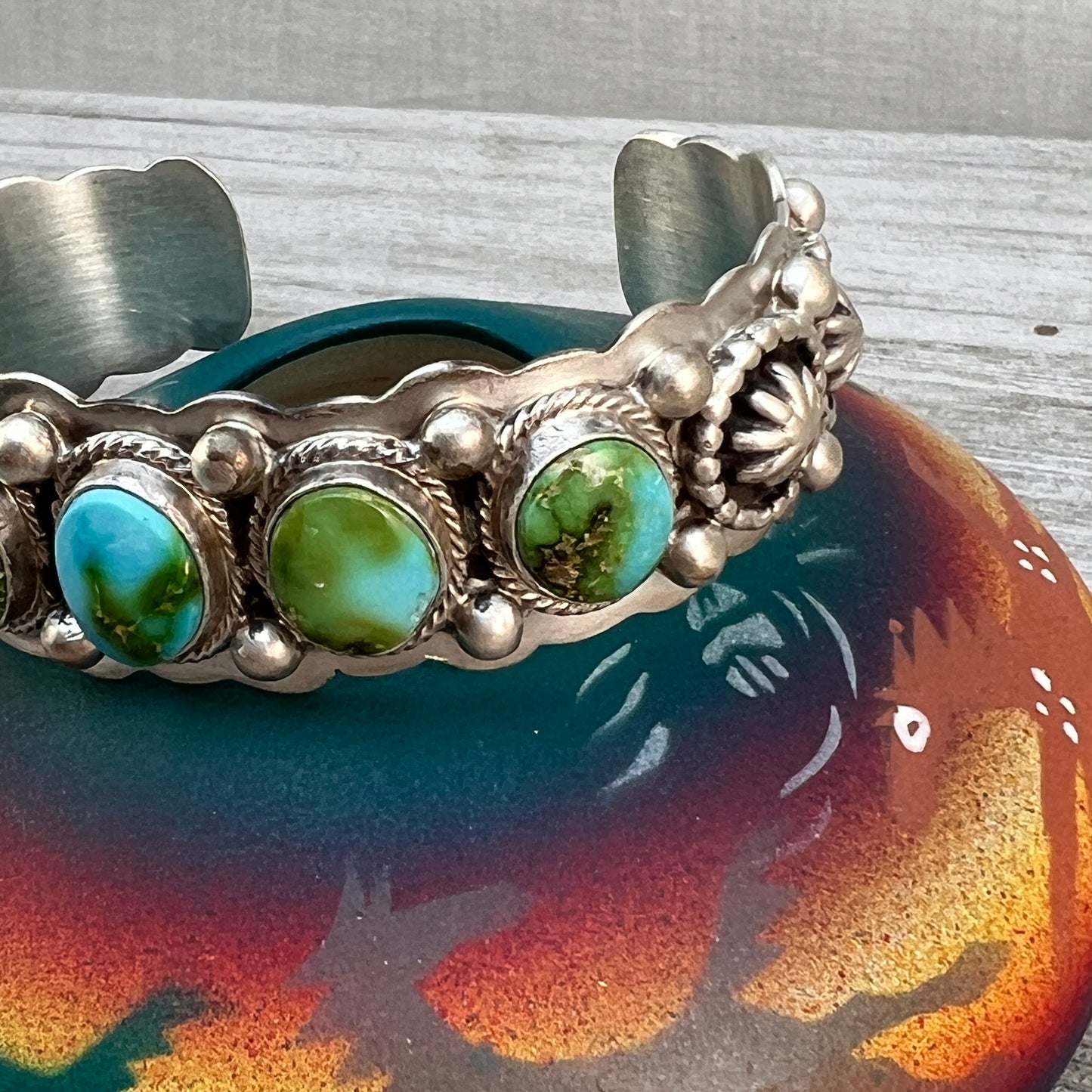 6 1/2" - 6 3/4" Sonoran Turquoise 5 stone Cuff Bracelet 2, Navajo TOM LEWIS Sterling silver