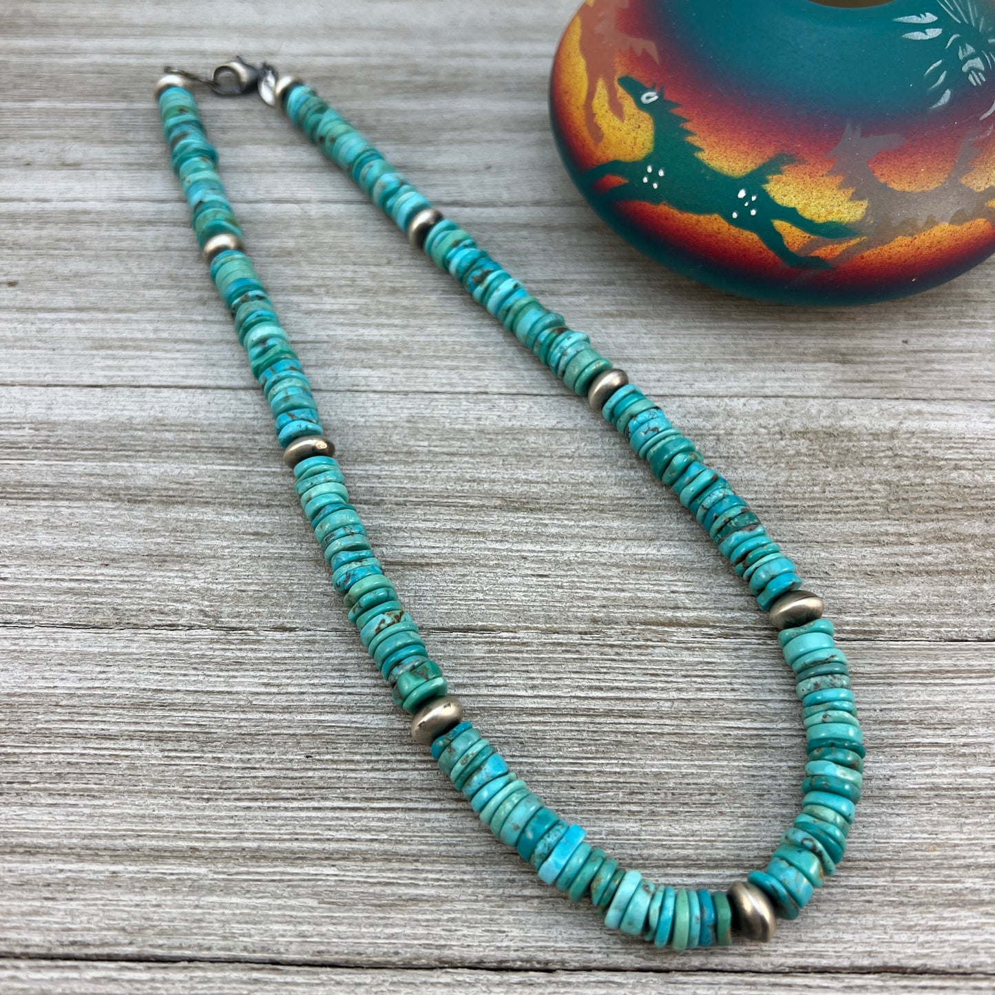 18 1/2" turquoise bead necklace with sterling silver handmade Navajo pearl beads