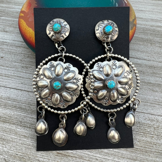 Long Dangle Concho earrings #2, sterling silver turquoise Gabrielle Yazzie signed