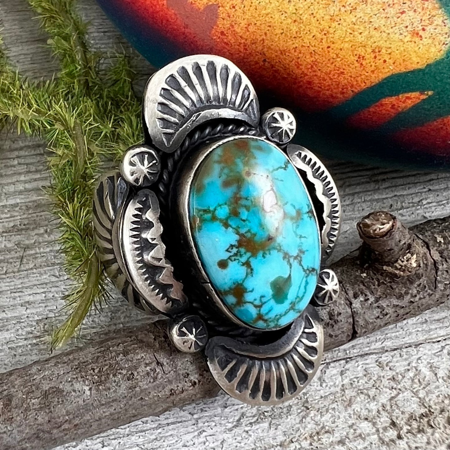 Size 8 / A  Beautiful High Grade, Blue, Kingman spiderweb Turquoise ring, Heavy handmade by Navajo artist, Gilbert Tom, signed,