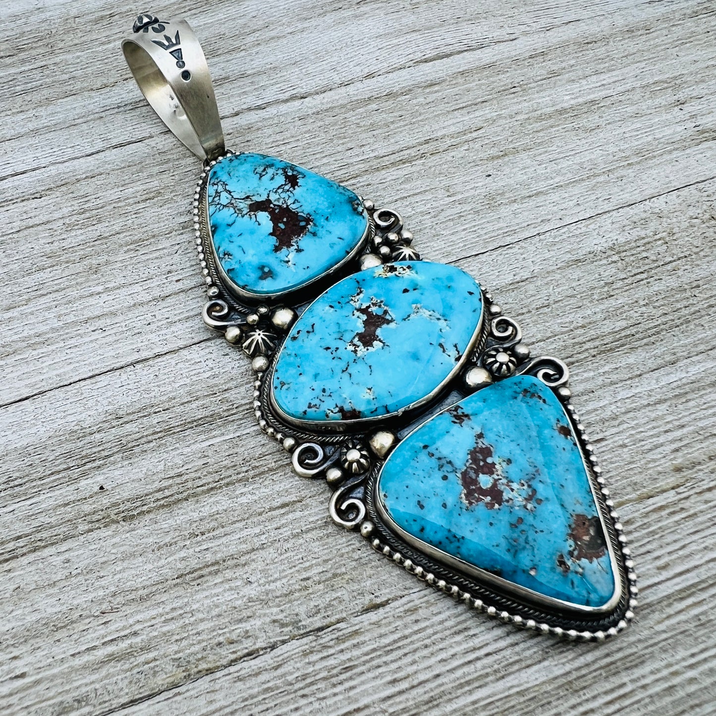 Very Large Blue Kingman Turquoise Pendant Sterling silver Navajo handmade Kathleen Livingston