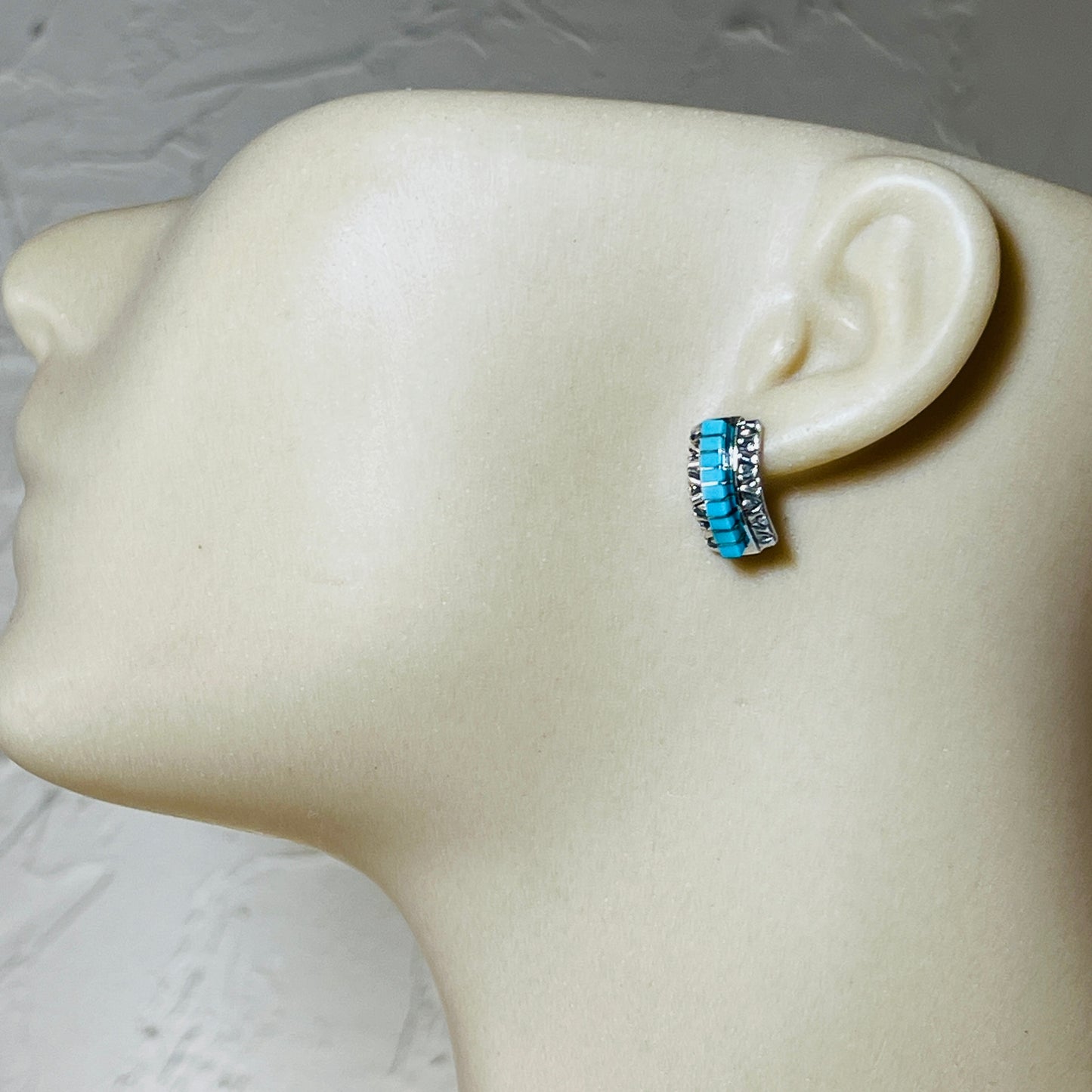 Small modern Turquoise inlay semi - hoop earrings Janelle Shebola Zuni Sterling silver ER42