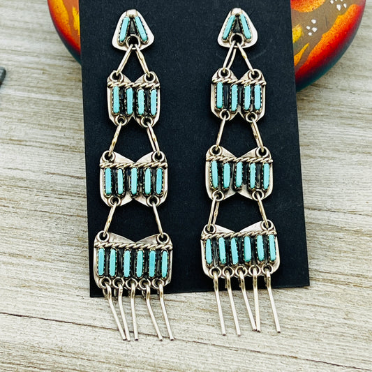 Long Turquoise needlepoint chandelier earrings Geraldine Faber Navajo handmade ER40