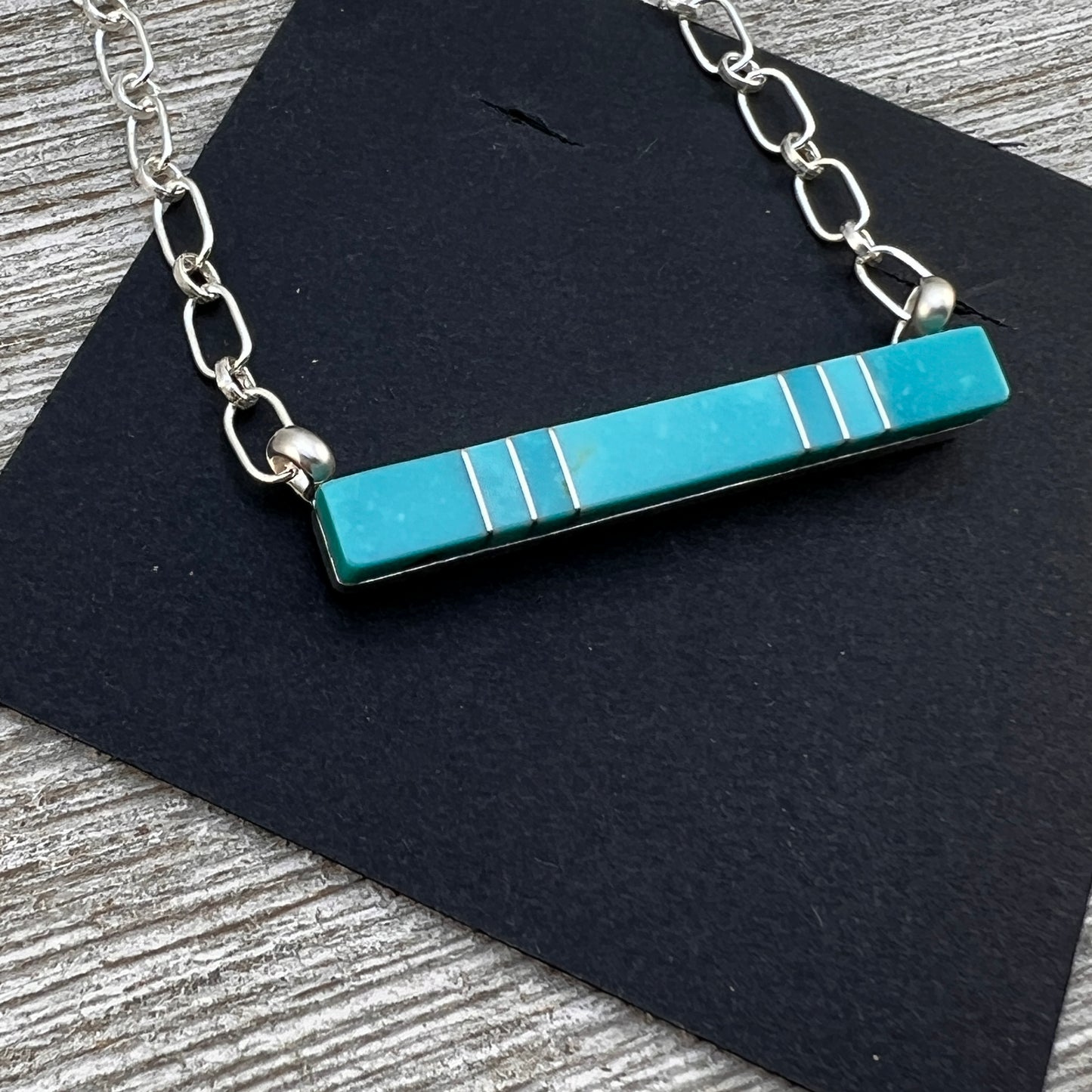 Blue Kingman Turquoise Bar Necklace 7, Zuni MaDerral Kallestewa sterling silver 18 1/2"