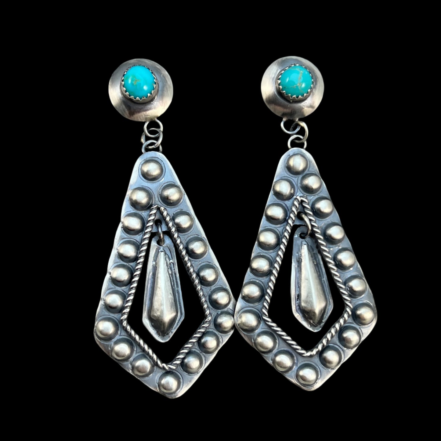 Long Sterling silver Turquoise Hand stamped dangle earrings, Navajo Gabrielle Yazzie 5