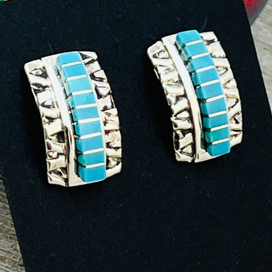 Small modern Turquoise inlay semi - hoop earrings Janelle Shebola Zuni Sterling silver ER42