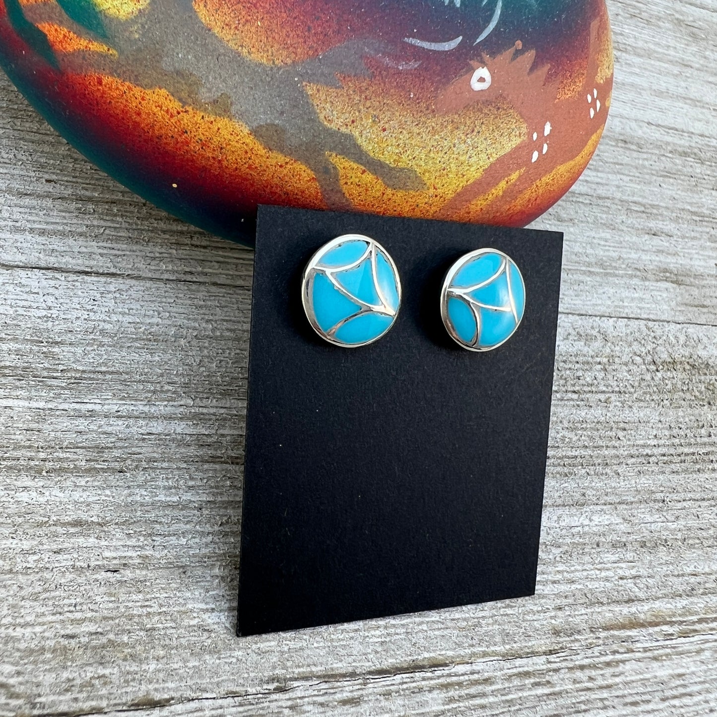 Zuni inlay turquoise fish scale design #3, small round stud earrings, sterling silver, Orena Leekya