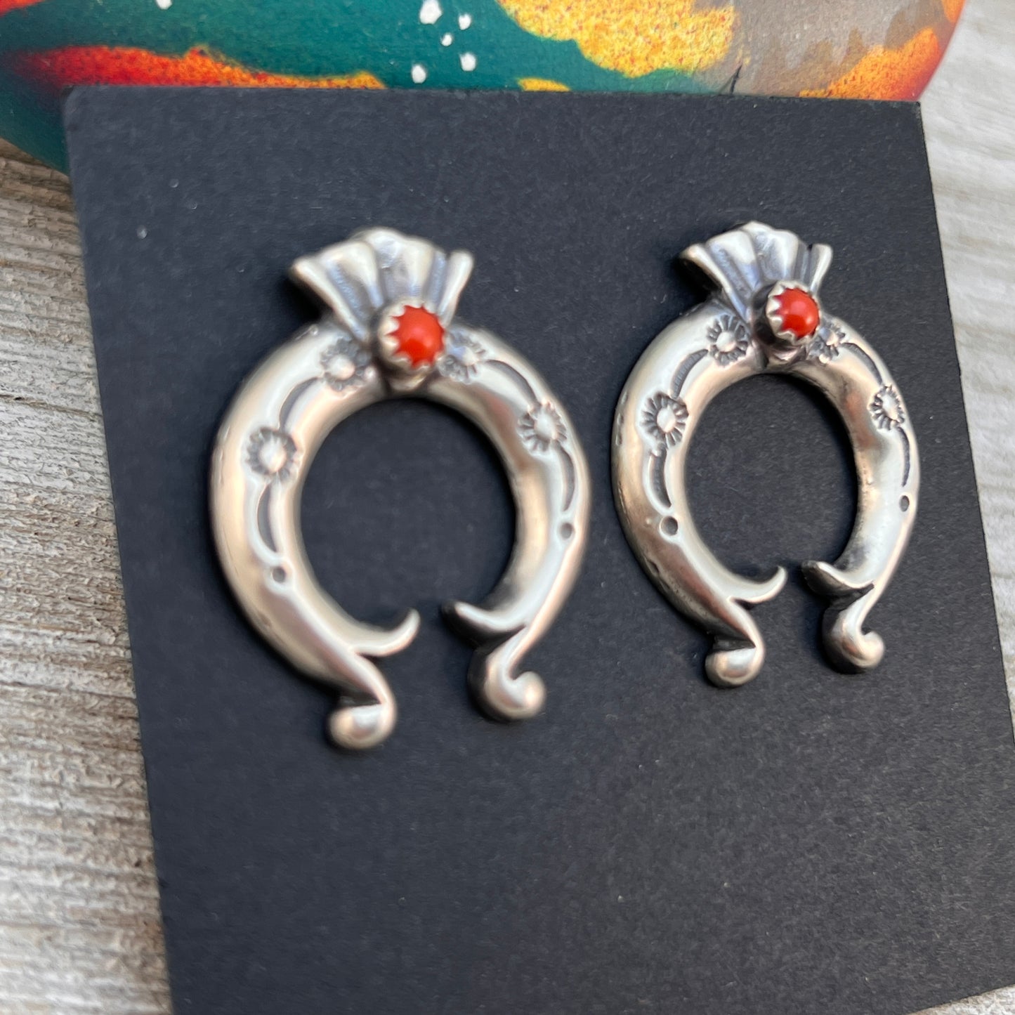 Red coral Naja post Earrings 1, Navajo Paige Gordon Sterling Silver