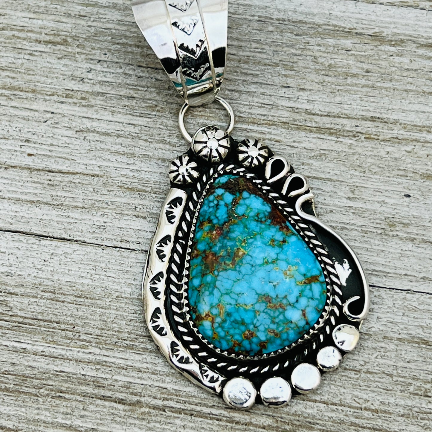 Blue Kingman Spiderweb Turquoise Pendant Navajo Sterling silver Phil Nez 858