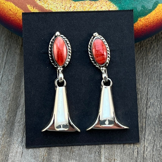 Orange Spiny Squash Blossom dangle earrings sterling silver turquoise Sheena Jack 700