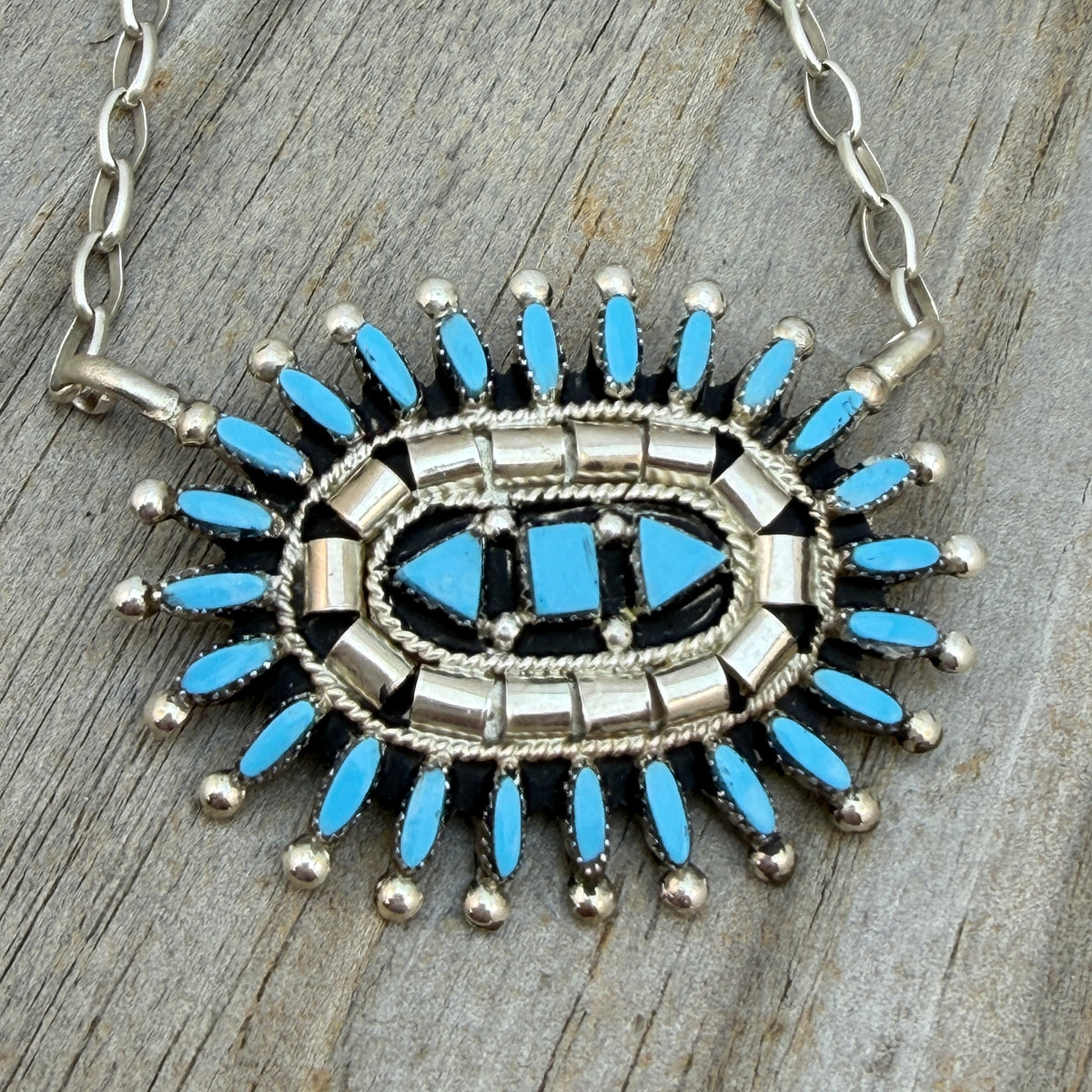 Turquoise Needlepoint cluster medallion necklace Evonne Hustito Zuni Sterling Silver