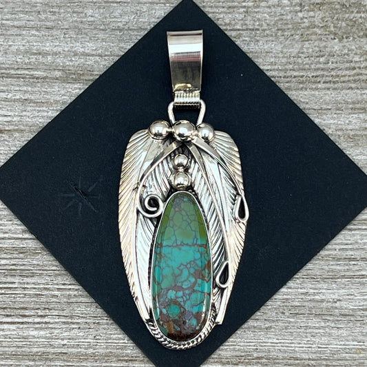 Green Kingman spiderweb polychrome turquoise with matrix pendant #5 Navajo handmade Davey Morgan, sterling silver