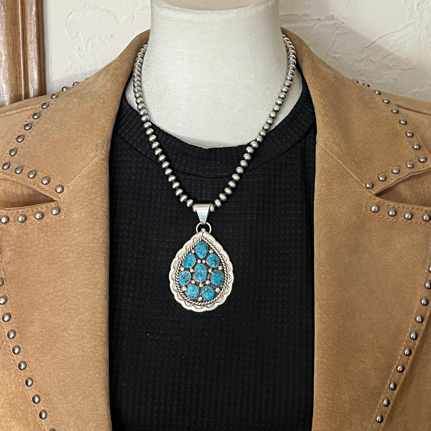 Kingman turquoise Cluster pendant sterling silver Chester Charley Navajo 810